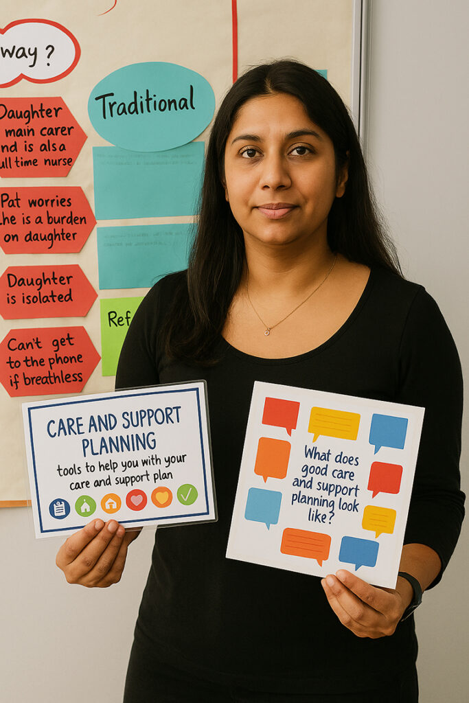 Woman holding care and support planning materials for personalised support discussions
