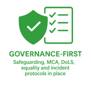Governance-First badge – Safeguarding, MCA, DoLS, equality and incident protocols in place