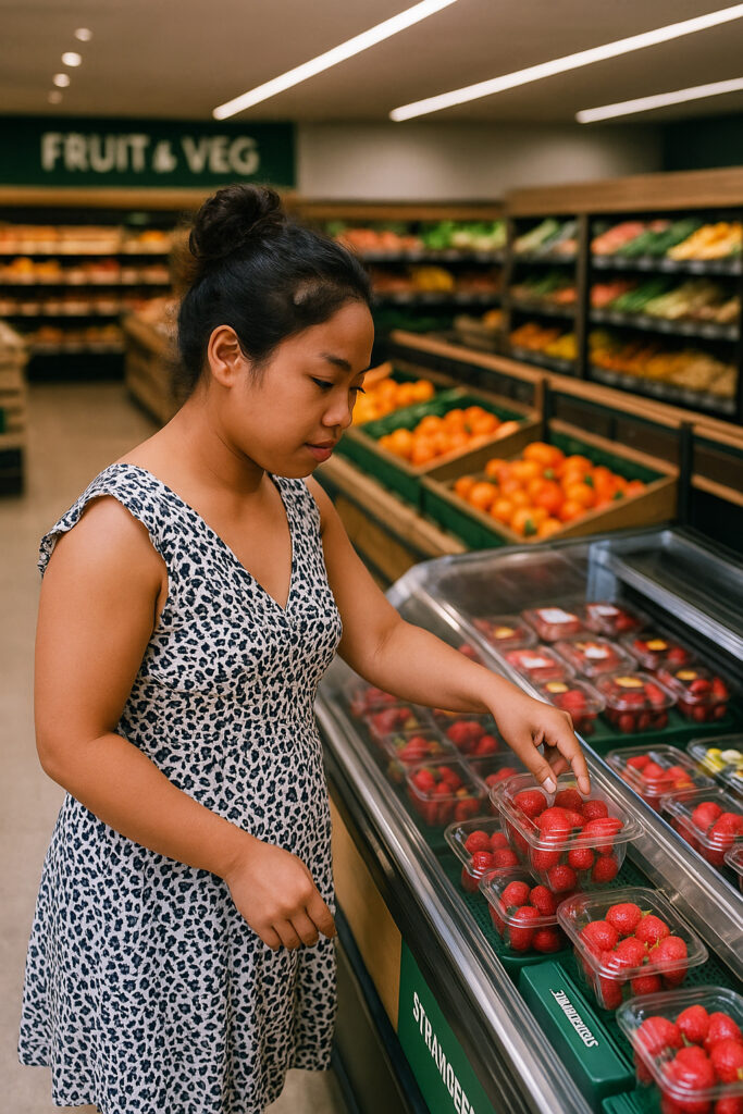 Woman selecting strawberries in a fruit and veg aisle at a supermarket