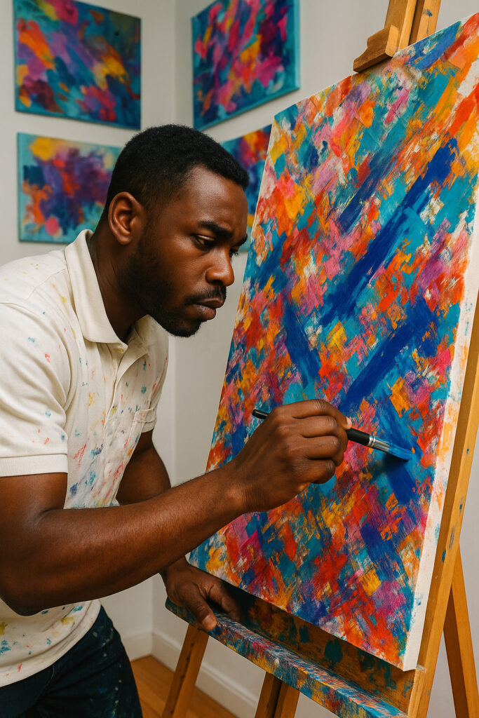 Man painting an abstract artwork on canvas in a creative studio setting