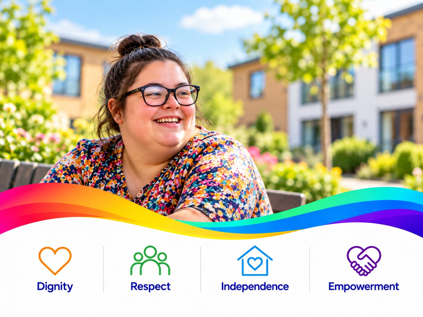 Smiling woman outdoors in a supported living setting