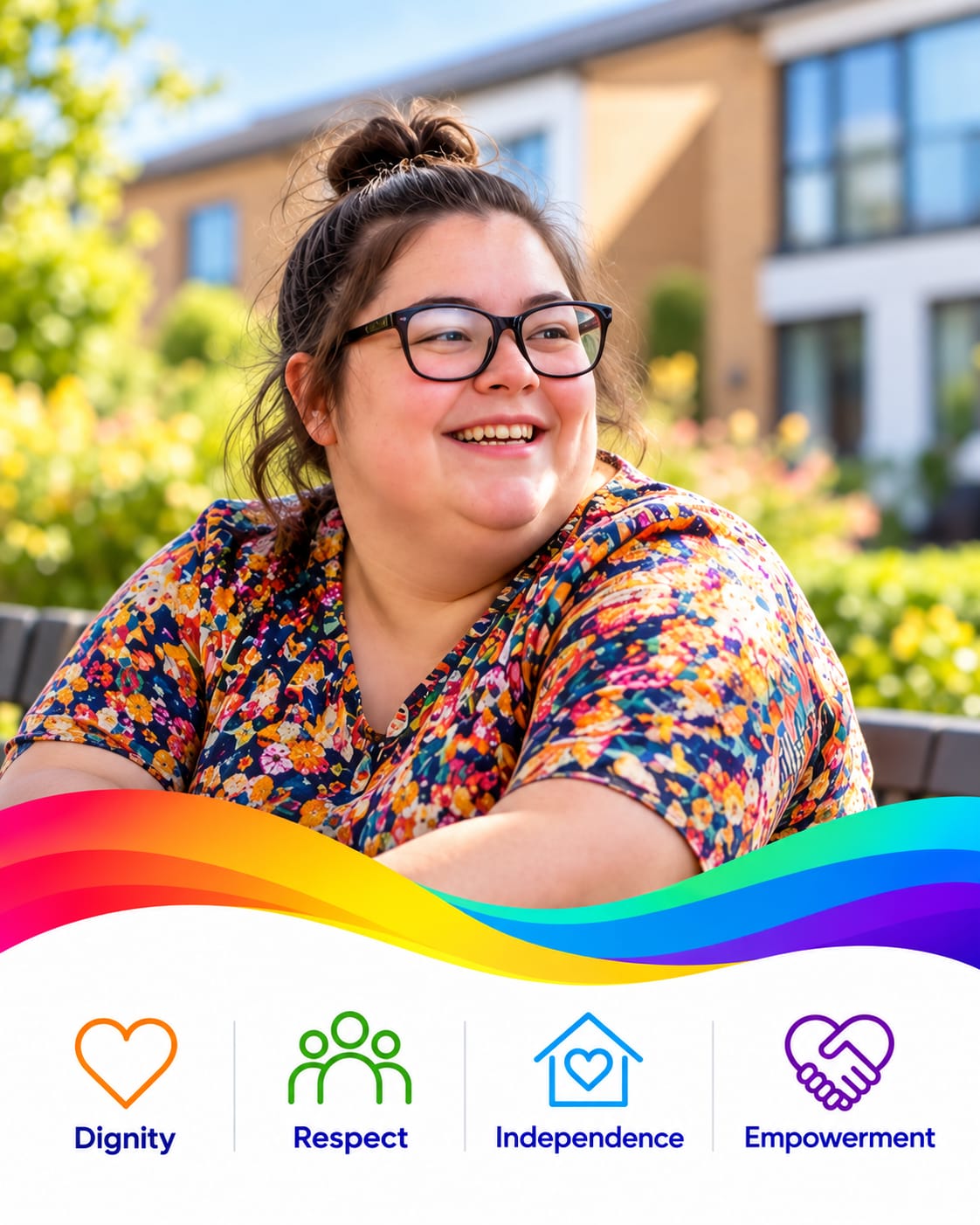 Smiling woman outdoors in a supported living setting