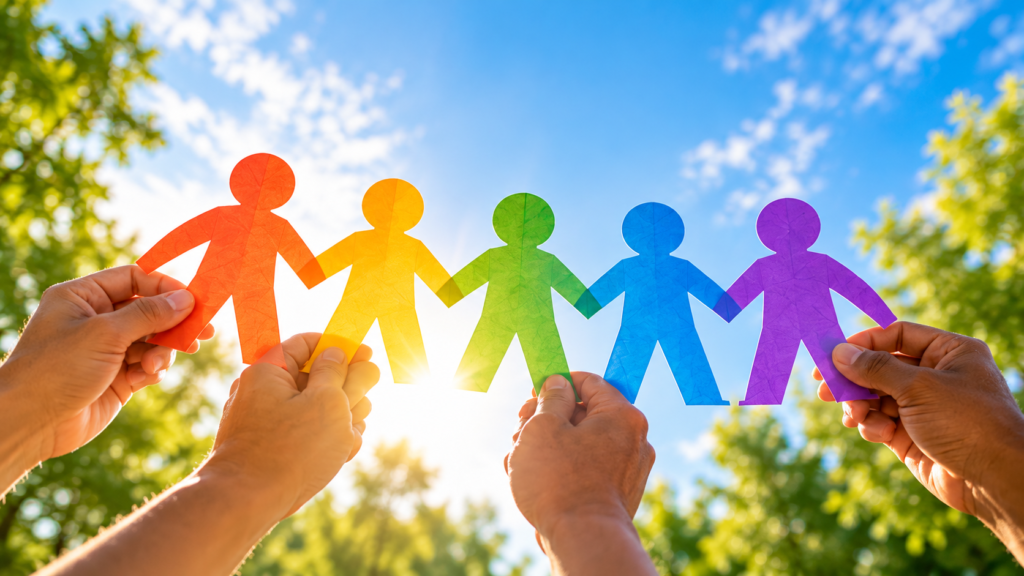 Diverse hands holding colourful linked paper figures against a bright blue sky, representing inclusion and personalised support